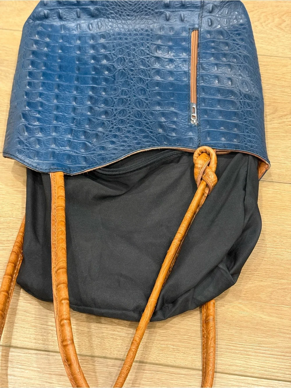 Italian Genuine Leather Croc Embossed Tote Bag Blue Cognac Shoulder Purse - Picture 6 of 12